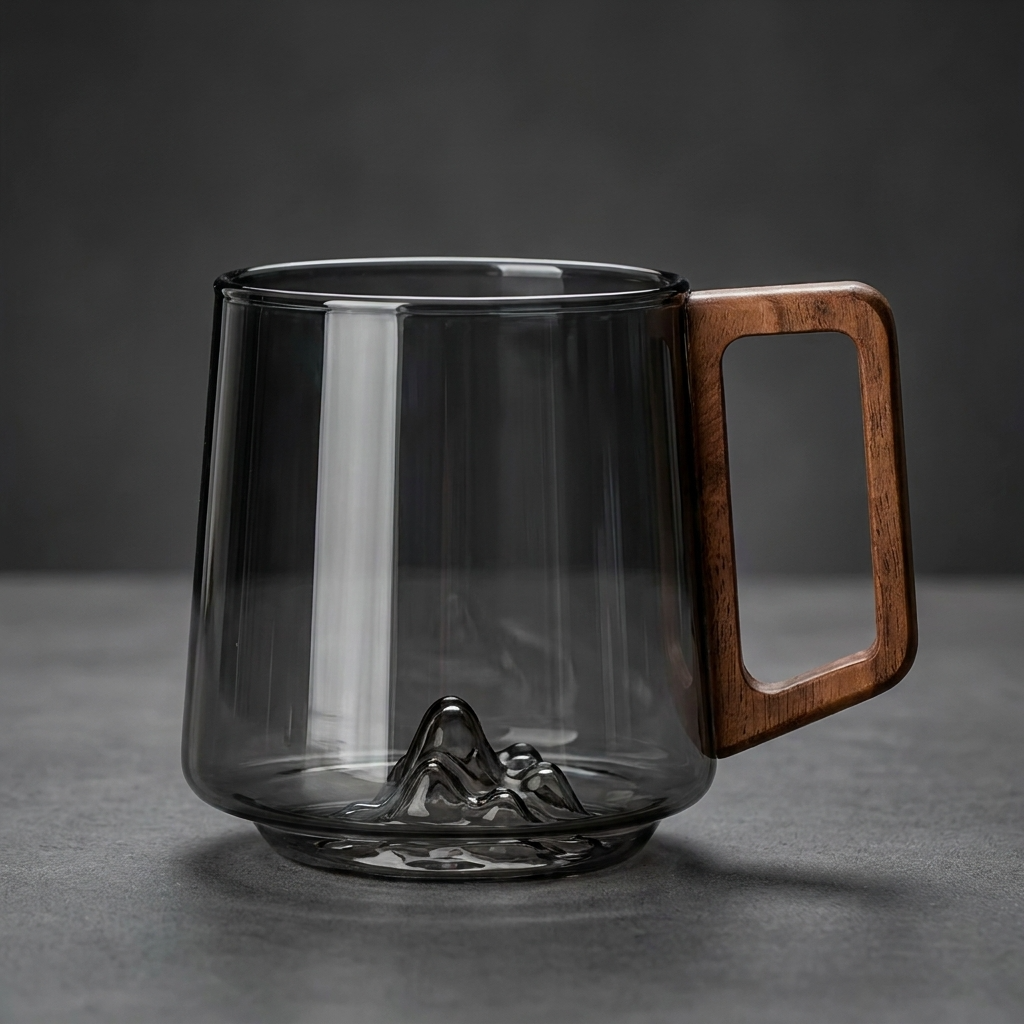 Tazas de café inclinadas de vidrio gris ahumado con mango de madera