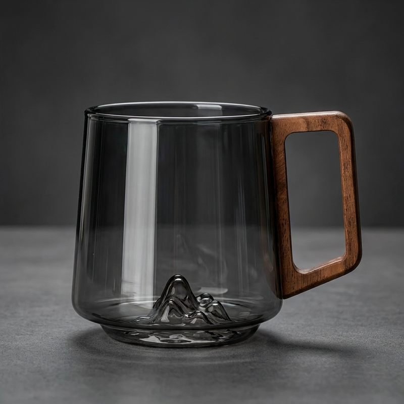 Smokey gray slanted glass coffee cups with walnut handle — set of four