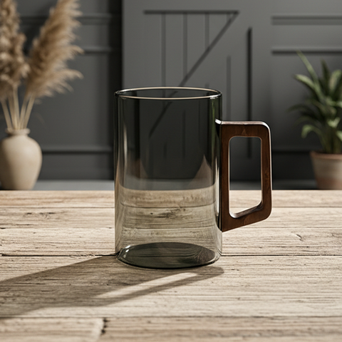Smokey Gray Glass Coffee Cup With Wooden Handle