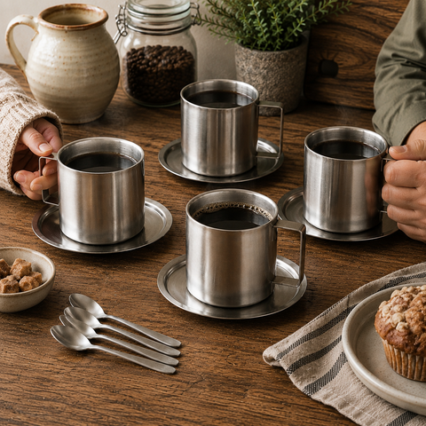Taza de café de acero inoxidable con platillo y cuchara a juego