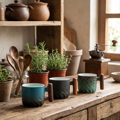 Vintage Espresso Cups With Wooden Handle
