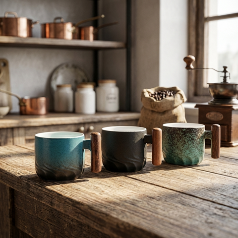 Vintage Espresso Cups With Wooden Handle