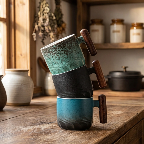 Tazas de espresso vintage con mango de madera
